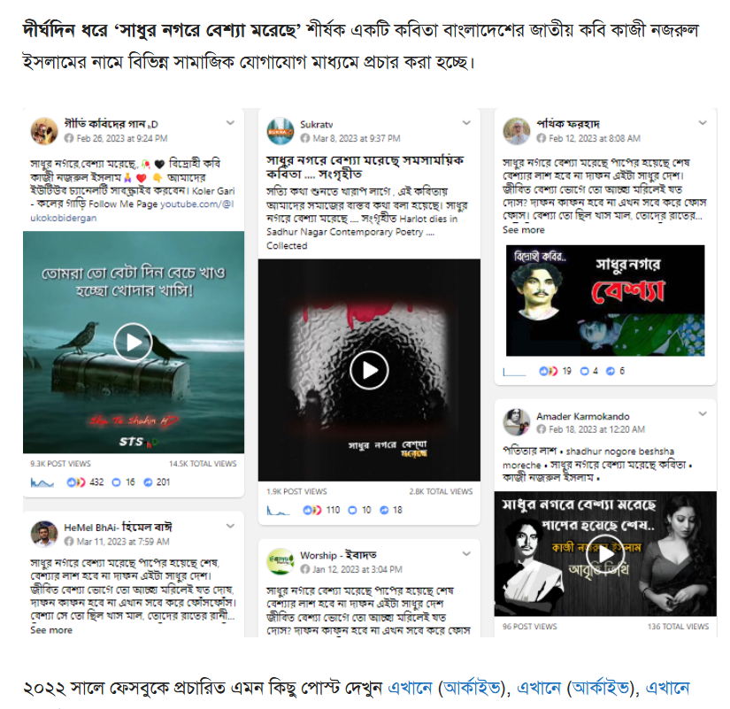 প্রাপ্ত তথ্যসূত্র অনুযায়ী, 'বেশ্যা" বিদ্রোহী কবি কাজী নজরুল ইসলাম' অথবা ‘সাধুর নগরে বেশ্যা মরেছে’ দিয়ে শুরু হওয়া আলোচ্য কবিতাটি কাজী নজরুল ইসলামের লেখা নয়।